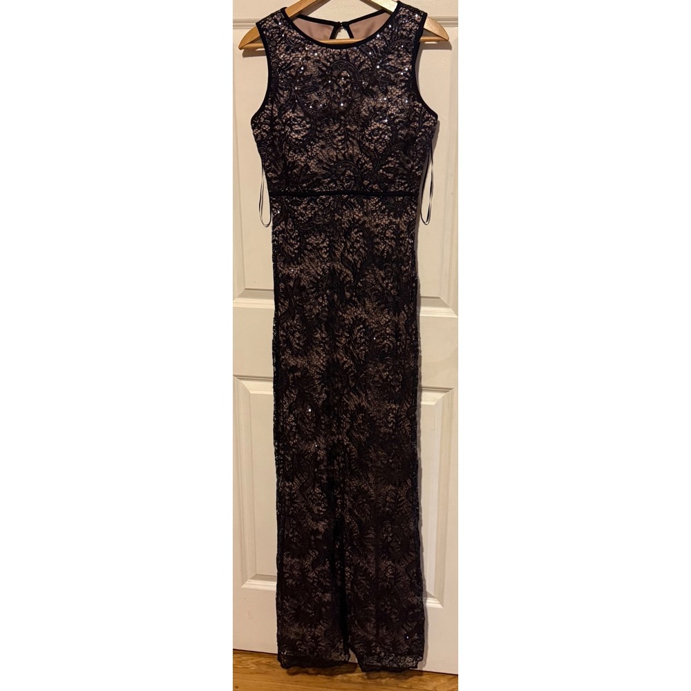 Nightway Black Lace Sequin Open Keyhole Back Evening Gown Dress Size 6
